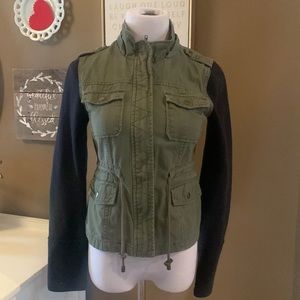 SEBBY Utility Jacket Military Fatigue Olive Drab With Black Sleeves Size S - EUC